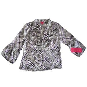 Sunny Leigh Black White & Purple Silk Blouse Sz L
